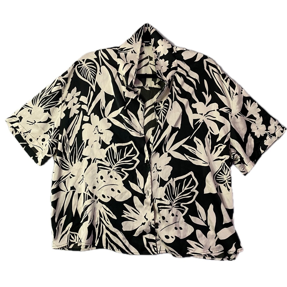 Express Tropical Leaf Button Shirt Womens Large Black White Floral Short Sleeve‎